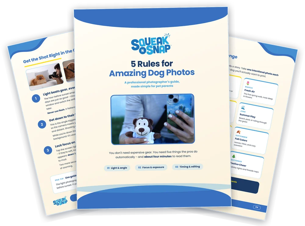 The Squeak N Snap 5 Rules for Amazing Dog Photos guide, fanned open to show the cover, a dog photo page, and the 12-month photo challenge