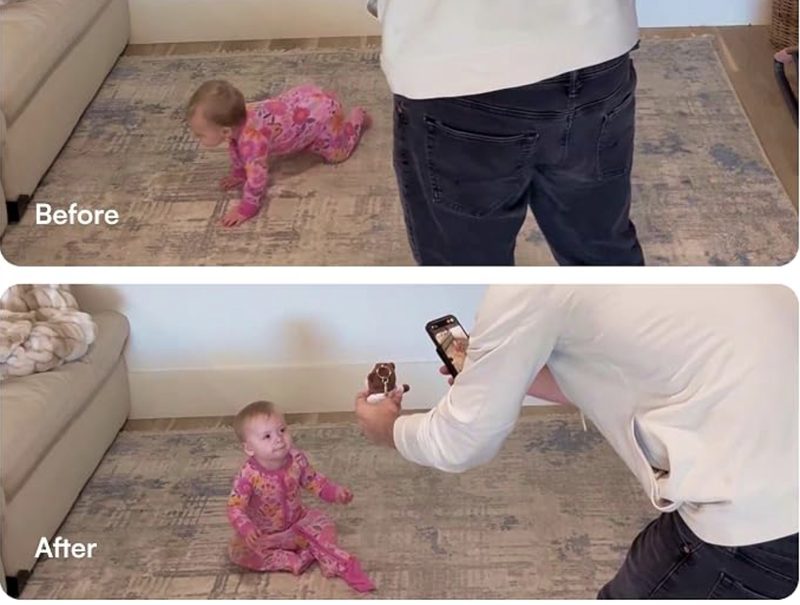 Before and after: baby crawling away, then sitting and looking up at Murph and the phone